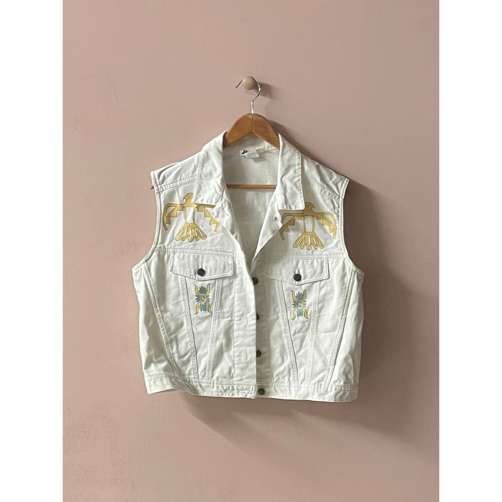 Vintage Merona Cream Denim Vest w/ Hand Painted Aztec Symbols Size L